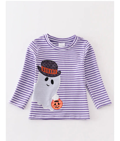 Purple Stripe Ghost Pumpkin Appliqué Top