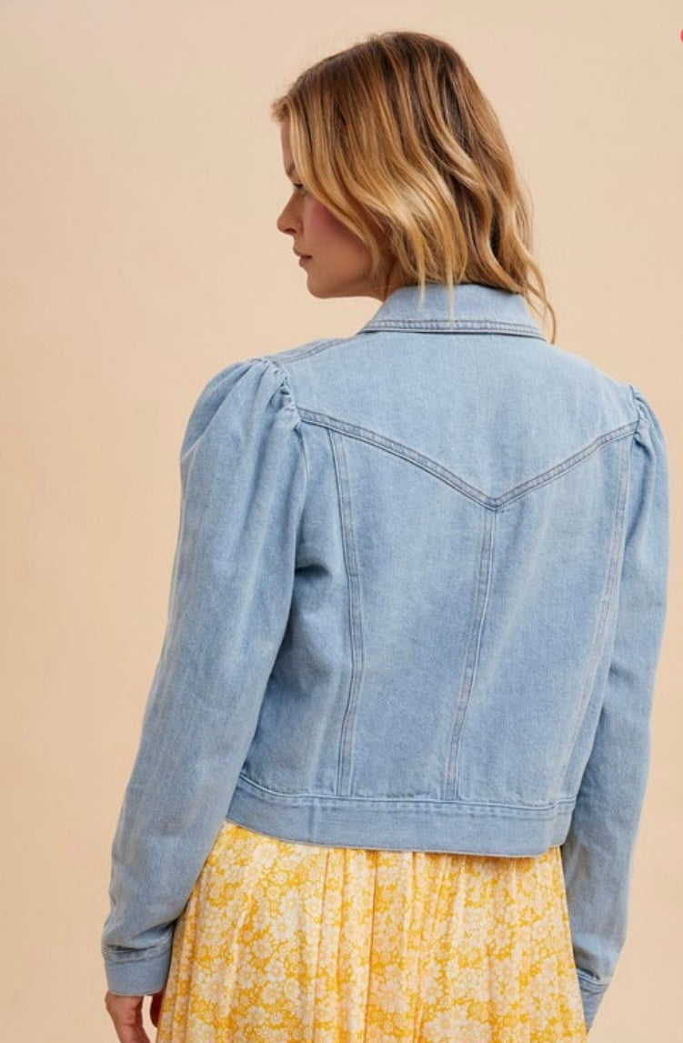 Shirred Sleeve Cropped Denim Jacket