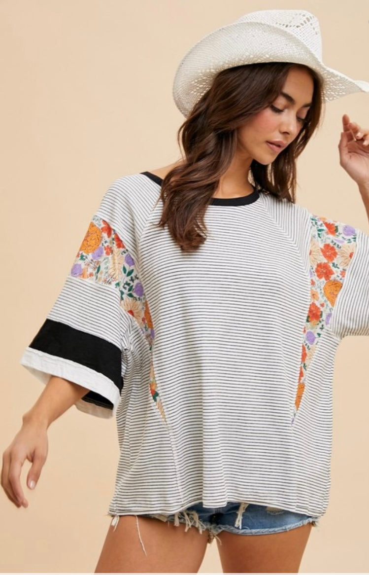 Striped And Floral Ribbed Mixed Media Tee