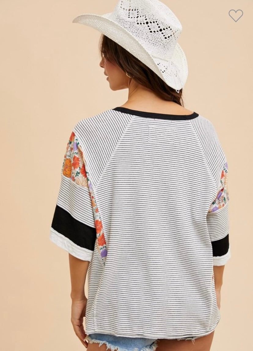 Striped And Floral Ribbed Mixed Media Tee