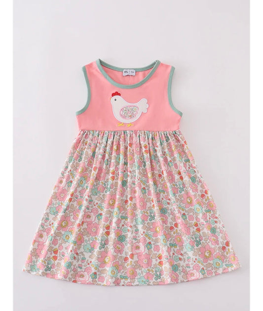 Girls Pink Floral Chicken Appliqué Dress