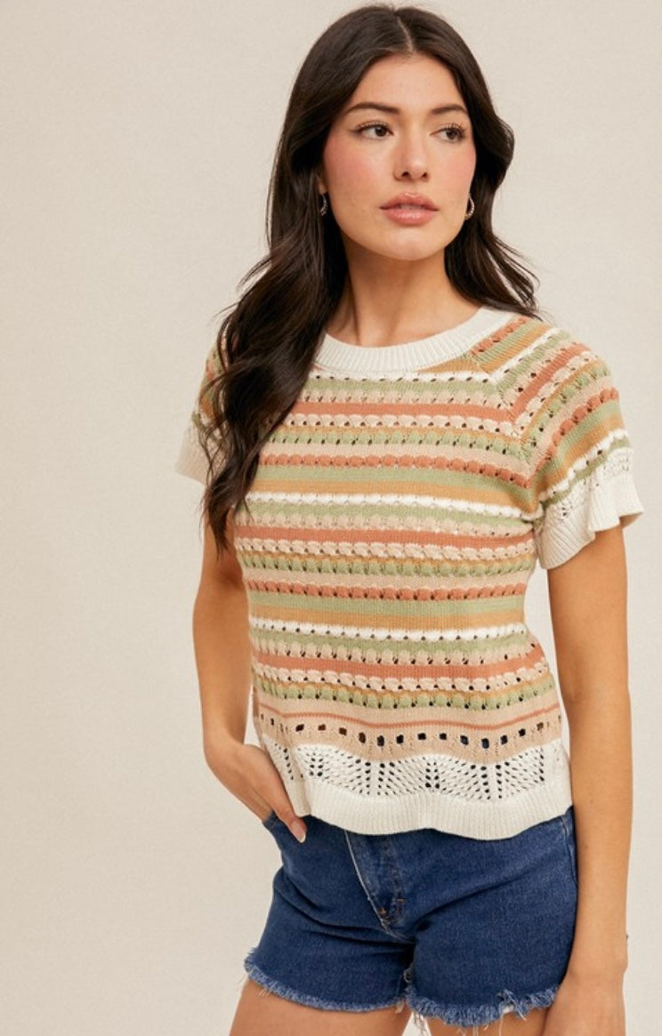 Crochet Multi Striped Sweater Knit Top