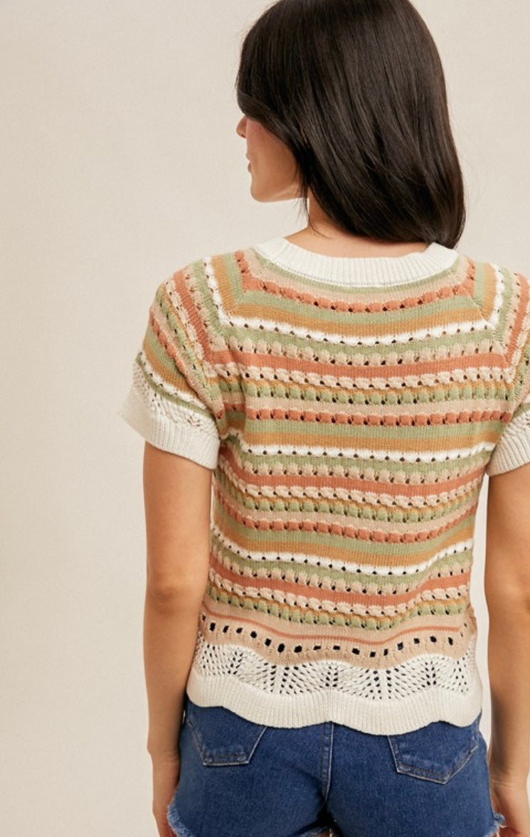 Crochet Multi Striped Sweater Knit Top