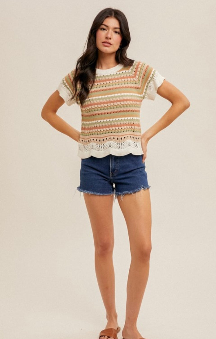 Crochet Multi Striped Sweater Knit Top