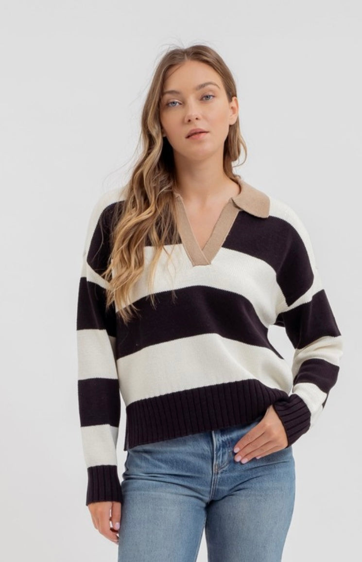 Striped Knit Long Sleeve Sweater with Collar