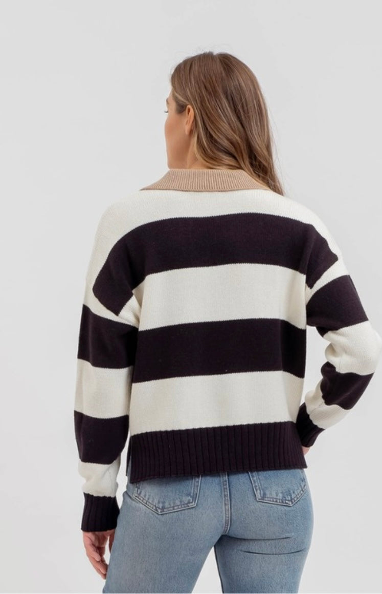 Striped Knit Long Sleeve Sweater with Collar