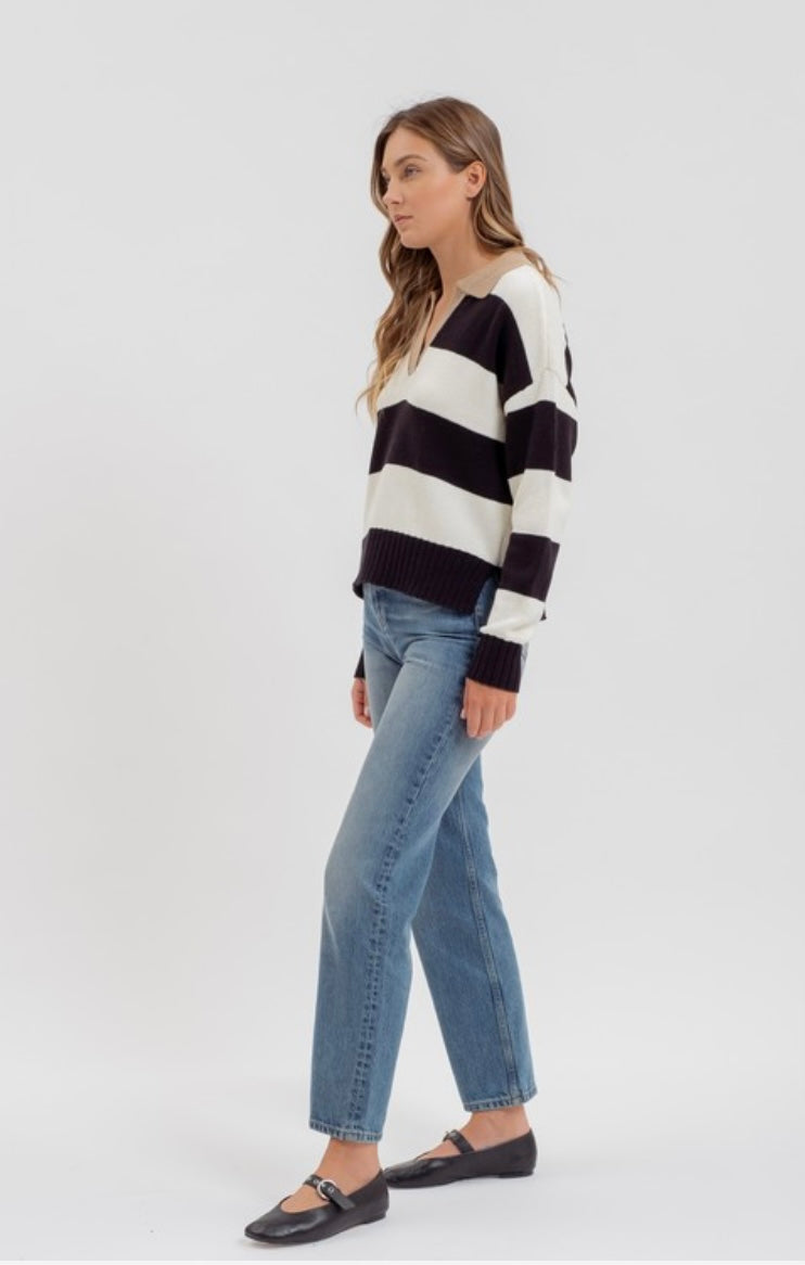 Striped Knit Long Sleeve Sweater with Collar