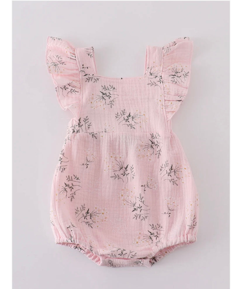Pink Floral Print Muslin Ruffle Bubble