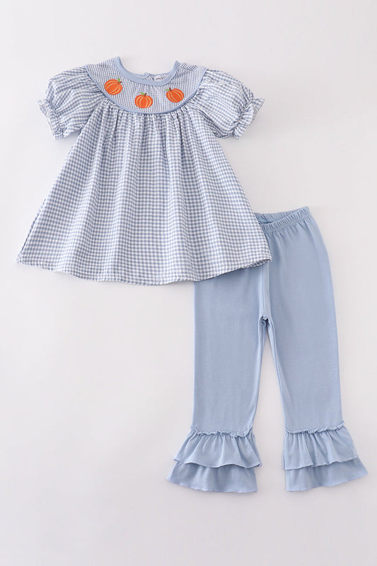 Blue woven check pumpkin embroidery girl set