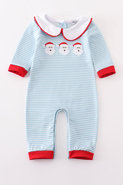 Blue stripe santa claus embroider boy romper