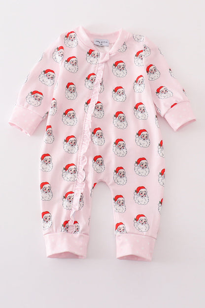 Pink santa print Zipper girl romper
