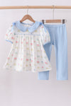 Blue floral bow pants set