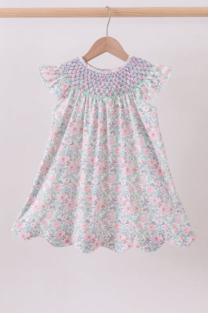 Green Floral Smocked Dress