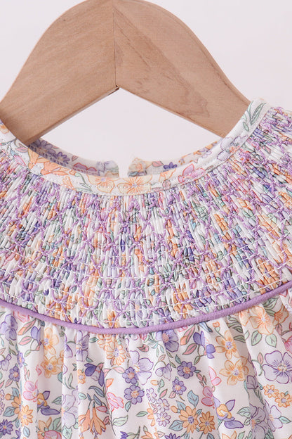 Purple Floral Smocked Ruffle Bubble