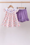 Purple rose bow smocked ruffle shorts set
