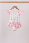 Pink bow castle ruffle one-piece swimsuit