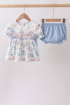 Blue Floral Smocked Ruffle Bloomer Set