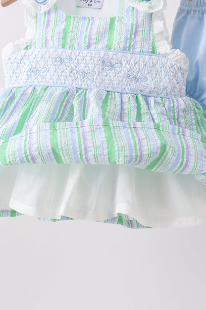 Green Stripe Smocked Bow Seersucker Bloomer Set