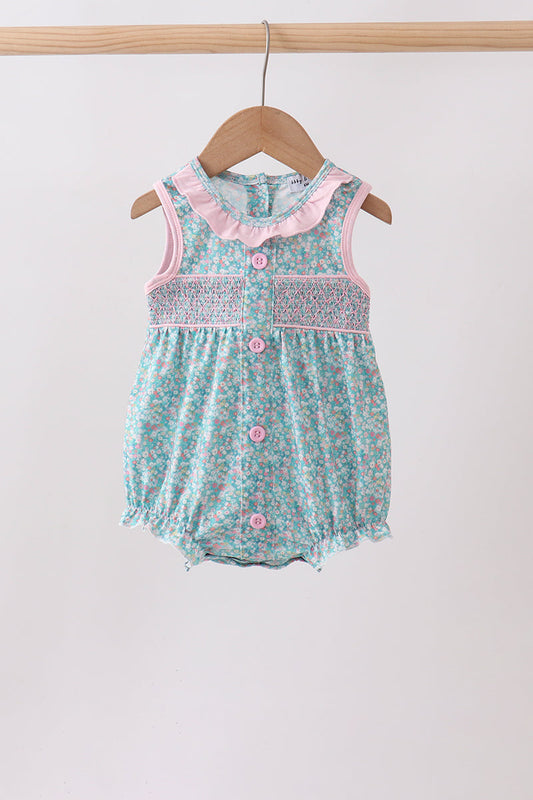 Green Floral Smocked Bubble