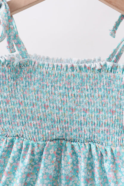 Green Floral Smocked Dress