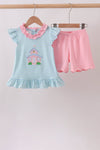 Blue Stripe Schoolhouse Appliqué Ruffle Set