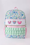 Blue Floral Character French Knot Ruffle Backpack