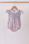 Blue Floral Smocked Ruffle Bubble