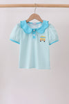 Blue Stripe School Bus Embroidered Top