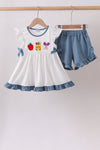 Blue Apple Crayon French Knot Ruffle Shorts Set