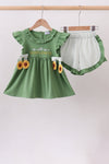 Green Sunflower Applique Ruffle Shorts Set