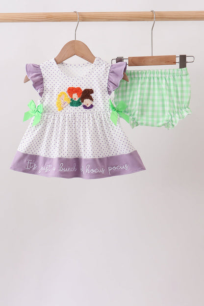 Purple Hocus pocus french knot ruffle bloomer set