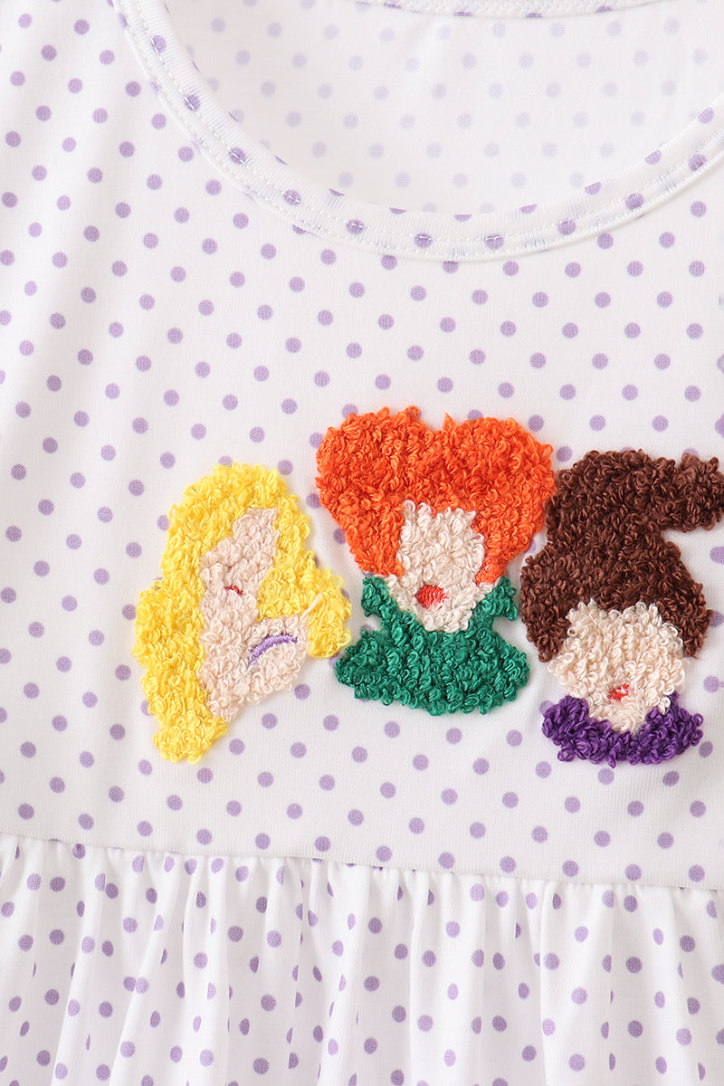 Purple Hocus pocus french knot ruffle dress