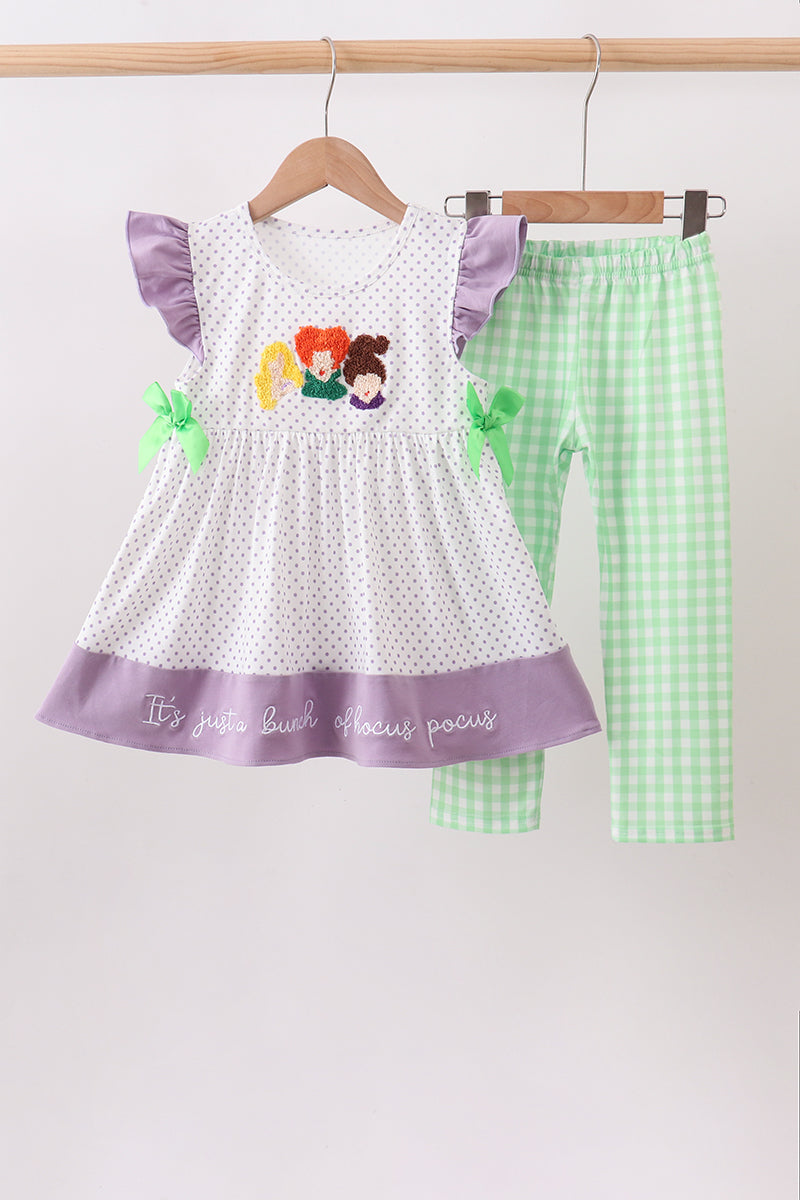 Purple Hocus pocus french knot ruffle pants set