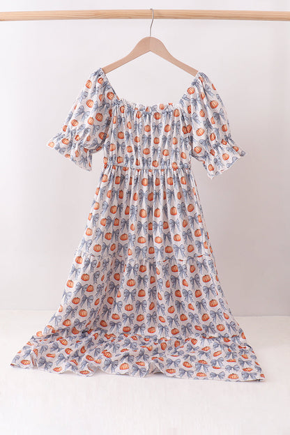 Blue Pumpkin Bow Mom Tiered Dress