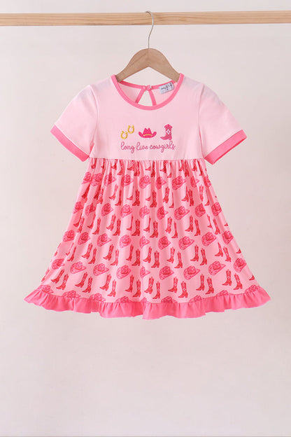 Pink Cowgirl Boots Embroidery Dress