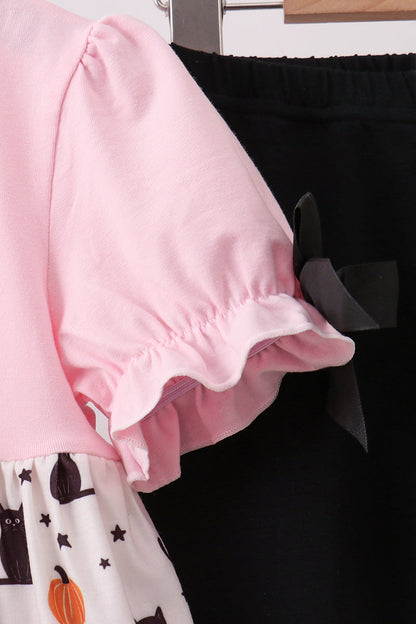 Pink Pumpkin Cat Embroidery Pants Set
