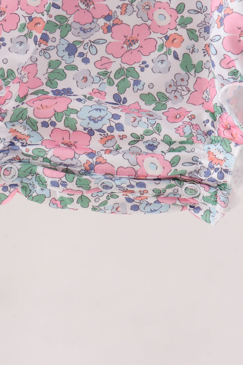 Blue Floral Smocked Ruffle Bubble