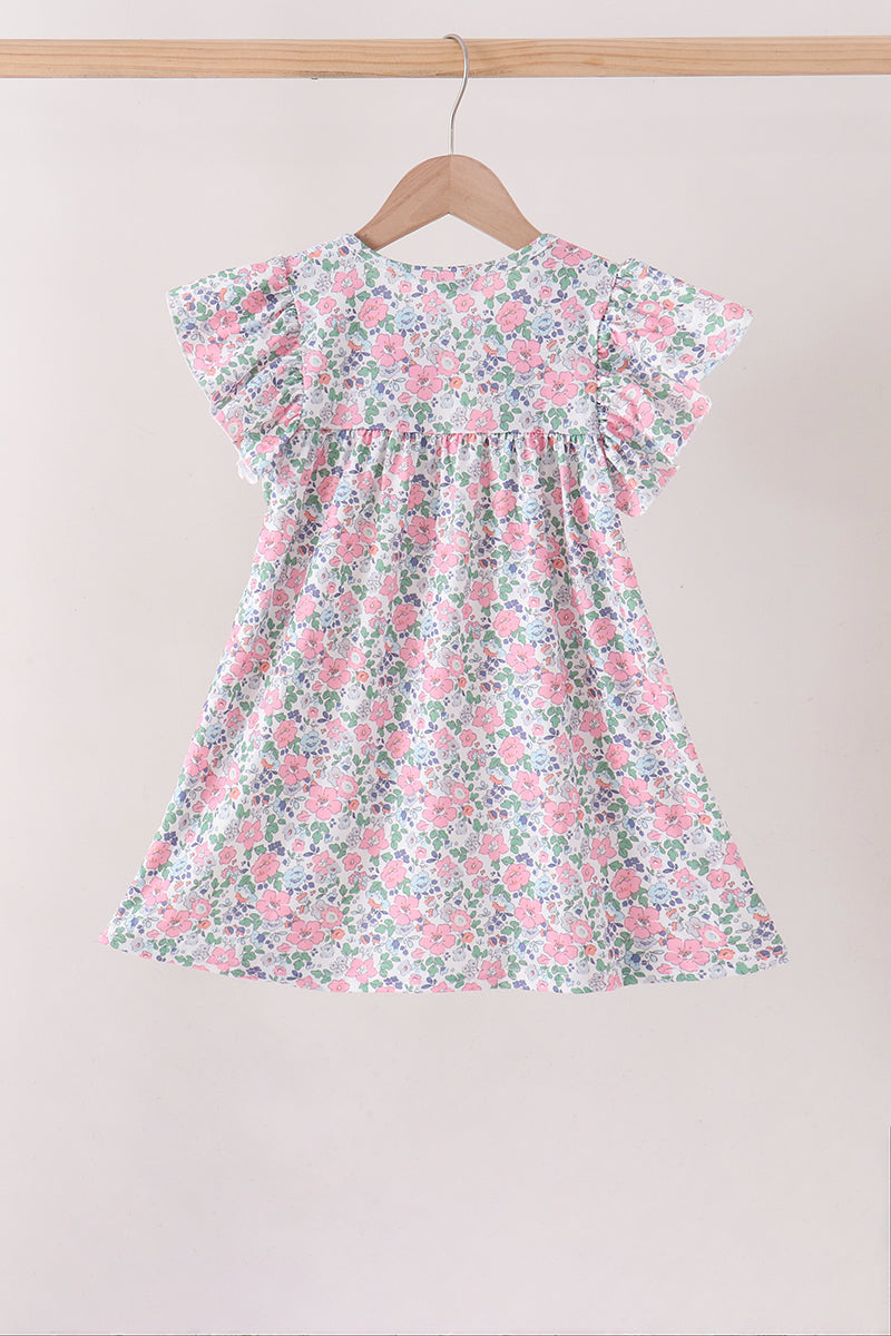 Blue Floral Smocked Ruffle Dress