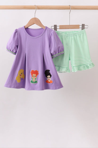Purple witch applique stripe ruffle shorts set