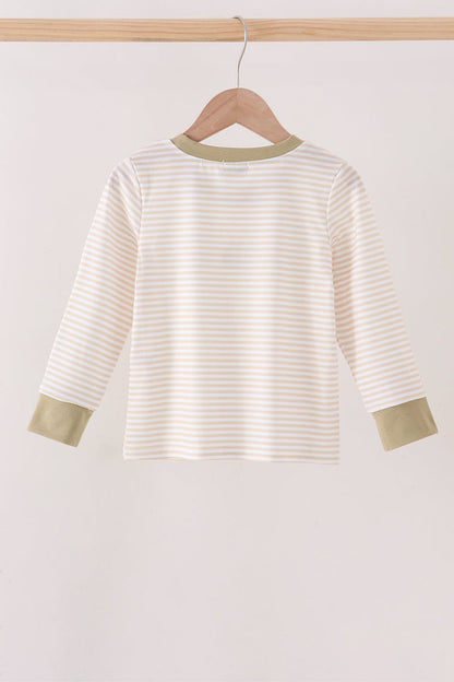 Khaki Pumpkin Embroidery Stripe Top