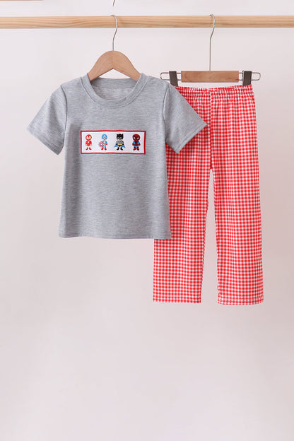 Grey character embroidery gingham pants set