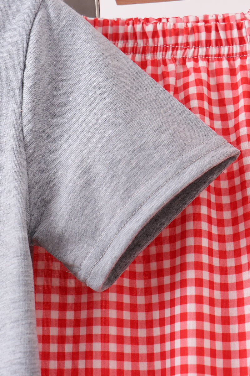 Grey character embroidery gingham pants set