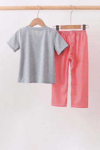 Grey character embroidery gingham pants set