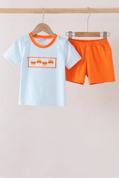 Blue Gingham Candy Corn Embroidery Shorts Set