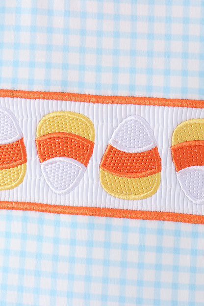 Blue Gingham Candy Corn Embroidery Shorts Set