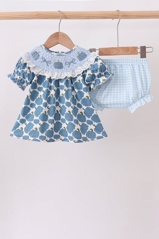 Blue pumpkin bow smocked lace bloomer set