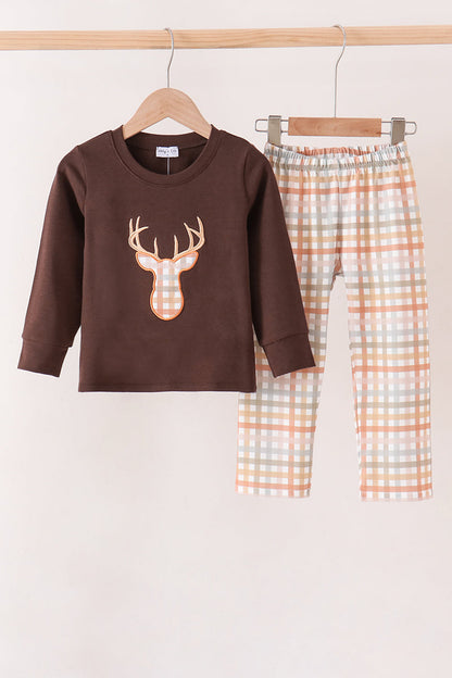 Brown deer applique plaid pants set
