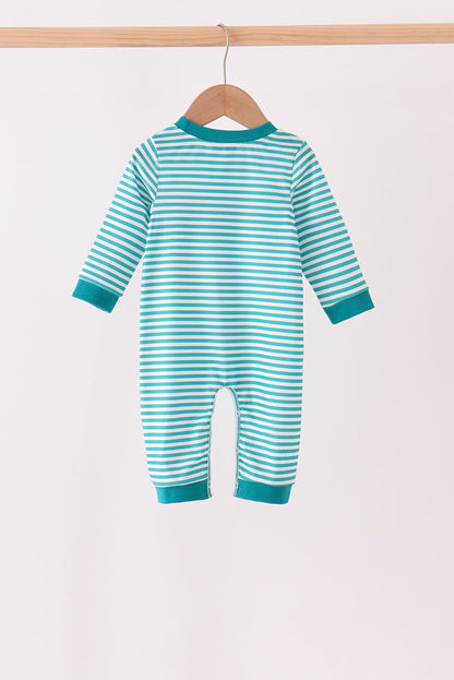 Green Christmas Tree Embroidery Stripe Romper