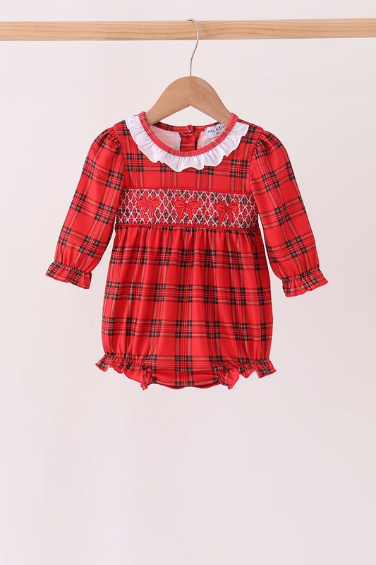 Red Plaid Bow Smocked Ruffe Bubble