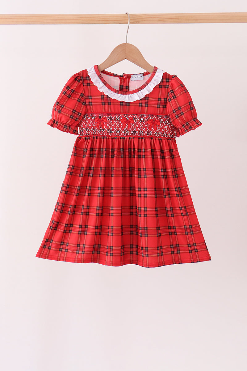 Red Plaid Bow Smocked Ruffe Dress